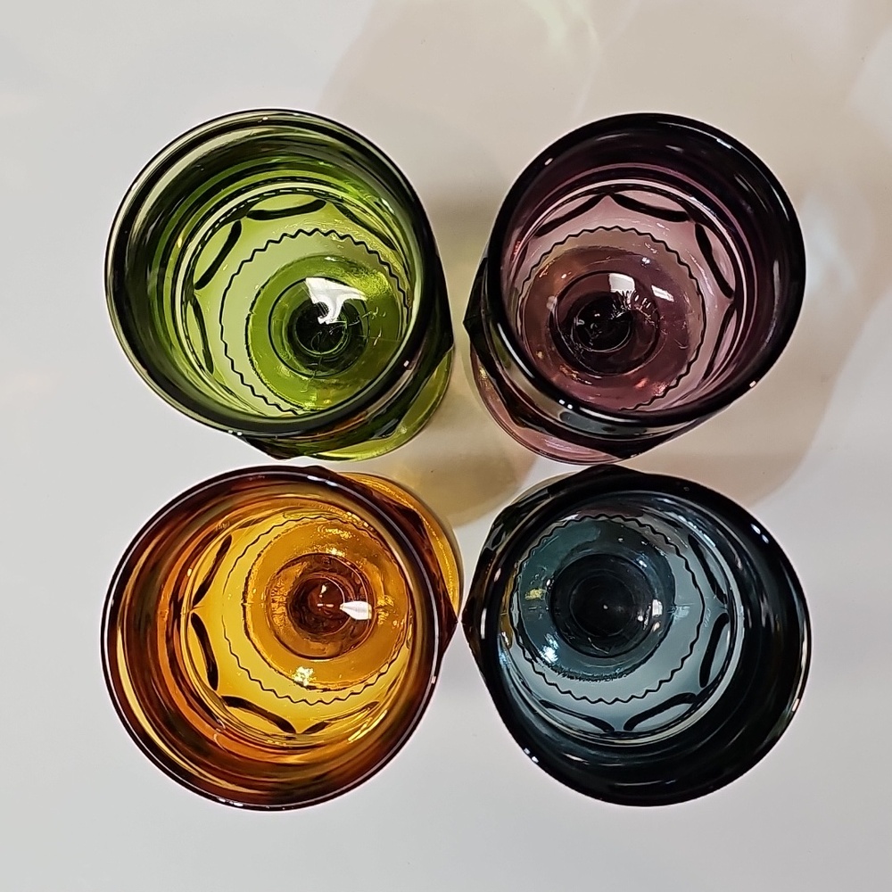 S/4 Indiana Glass Colony King's Crown Amber Green Blue Purple Water Goblets - Picture 2 of 7